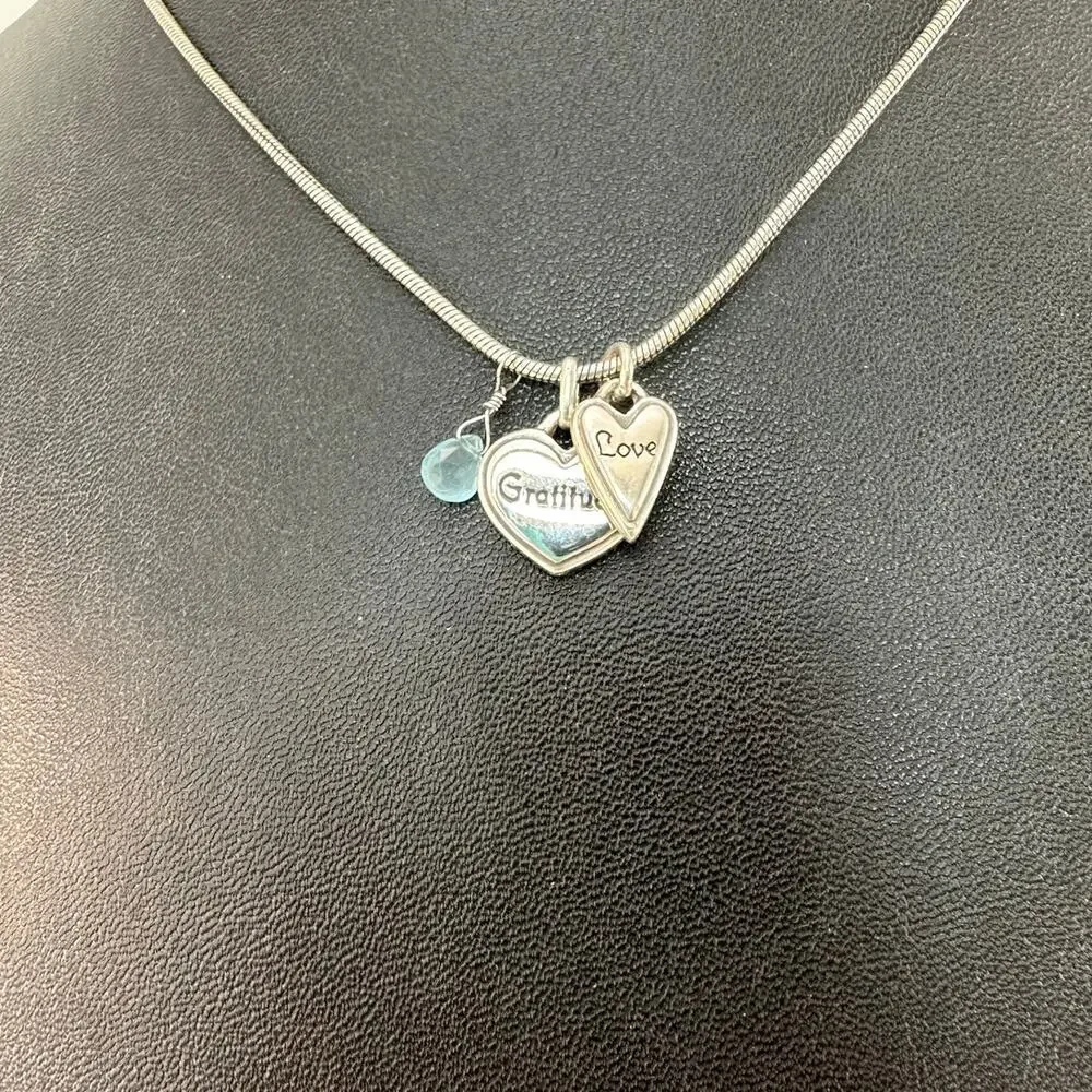 Brighton Gratitude Love 2 Hearts blue gem reversible necklace